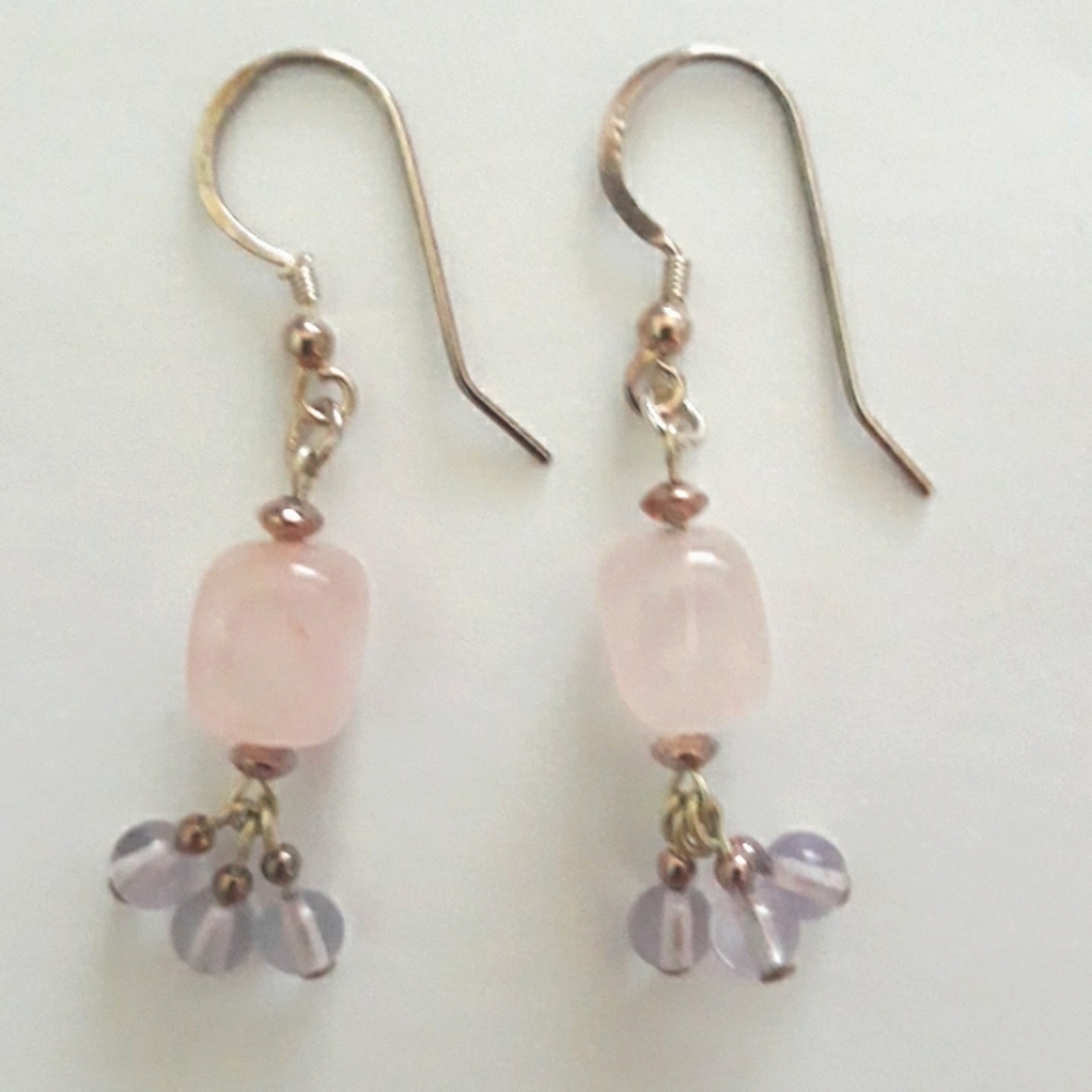 NWOT Rose Quartz, Amethyst & Sterling Silver Dangle Gemstone Earrings